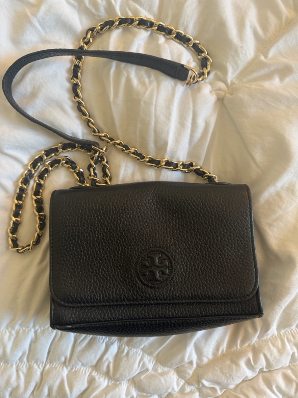 Tory Burch Black Pebbled Leather Crossbody with Gold Chain